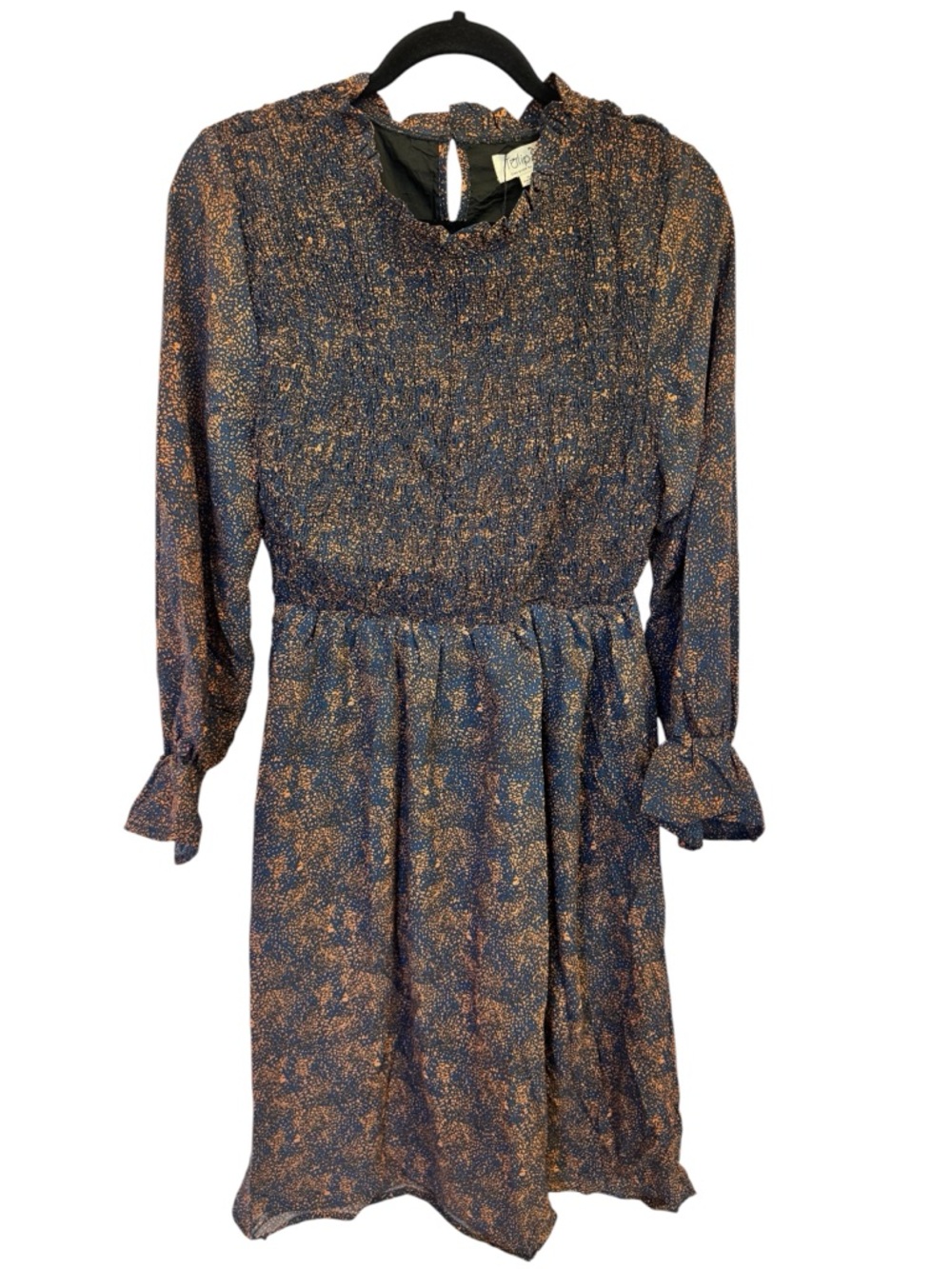 Smocked Navy & Copper Fleck Long Sleeve Dress